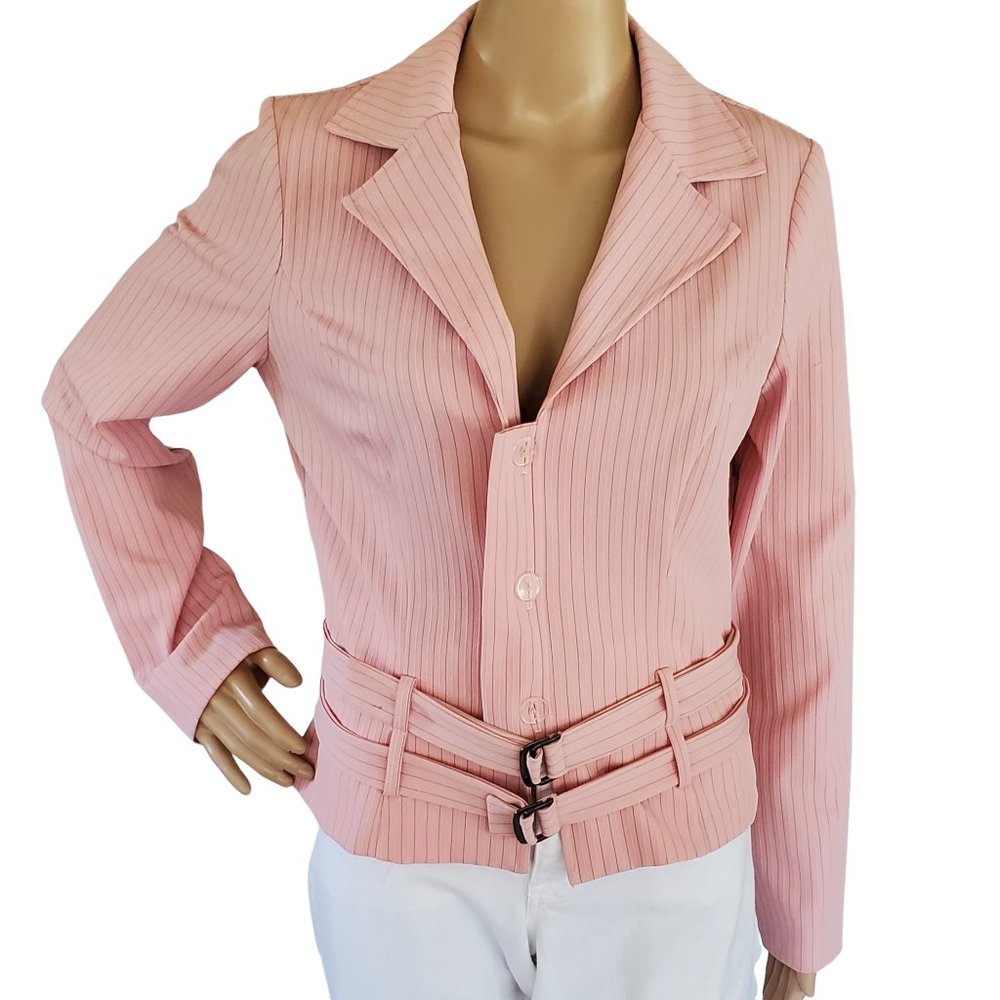 Vintage Frederick's of Hollywood Pink Striped Jacket Fitted 2 Belts Women's S